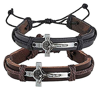 Christian Brands St Benedict Medal Crucifix Leather Bracelet, Set of 2