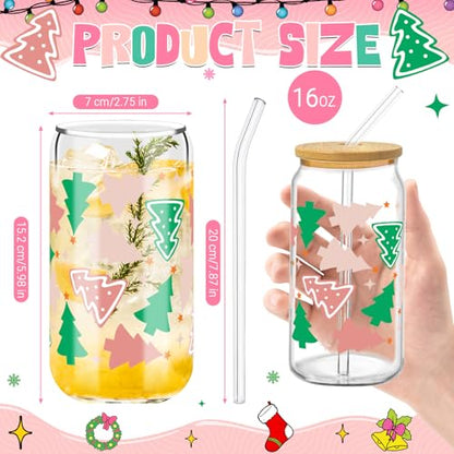 Glass Cups with Lids and Straws, 6Pack, 16oz, Christmas Candy - style: Gingerbread Tree