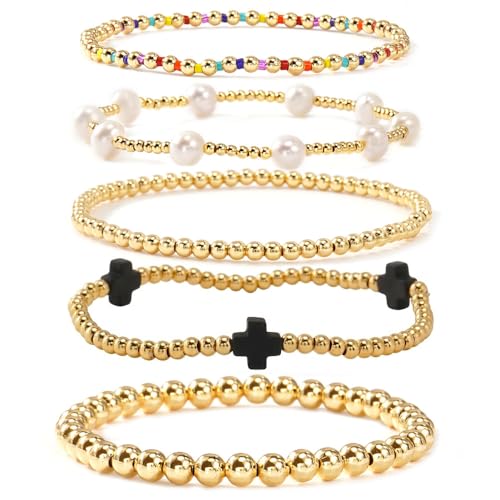 Gold Beaded Bracelets Stack for Women Stackable 14K Gold Plated Beads Ball Cross Bracelet Boho Christian Jewelry Faith Friendship Birthday Gifts for Women - color: Black-2