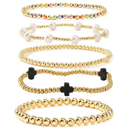 Gold Beaded Bracelets Stack for Women Stackable 14K Gold Plated Beads Ball Cross Bracelet Boho Christian Jewelry Faith Friendship Birthday Gifts for Women - color: Black-2