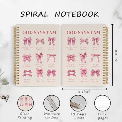 YLZlhb Coquette Pink Bow Christian Spiral Notebook Journal, Bible Verse Notebooks for Note Taking, Inspirational Christian Gifts for Women, God Says I Am Hardcover Spiral Journal 5.5x8.3 Inches - color: god says