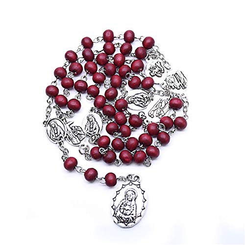 Handmade Wooden Resin Crucifix Rosary Beads Chain Pendant Necklace Colorful Love Heart Catholic Cross Virgin Mary Jesus Necklace for Women Men Religious Lord Praying Jewelry Gift - color: C red