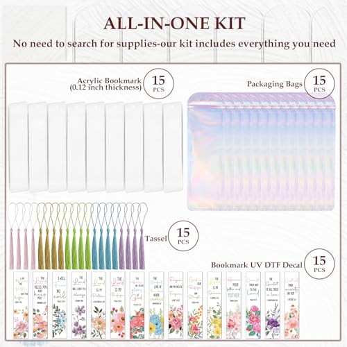 Dazoratix Christian Acrylic Bookmark Blanks - 60 Pcs Bible Verse Bookmarks Making Kit Religious Inspirational Clear Flower UV DTF Transfer Stickers with Ribbons DIY Craft for Reading Women Book Lovers
