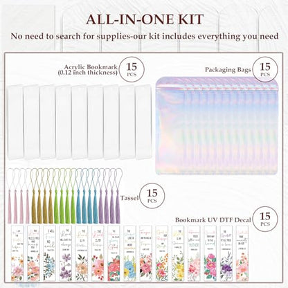 Dazoratix Christian Acrylic Bookmark Blanks - 60 Pcs Bible Verse Bookmarks Making Kit Religious Inspirational Clear Flower UV DTF Transfer Stickers with Ribbons DIY Craft for Reading Women Book Lovers