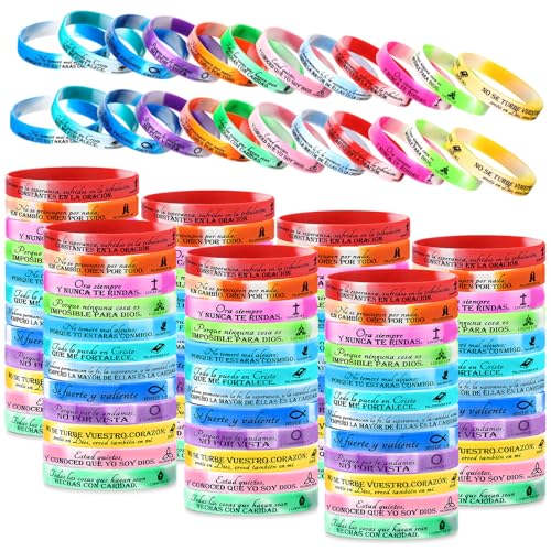 HyDren 120 Pcs Bible Verse Bracelets Christian Gifts Bulk - color: Rainbow Colors, style: Spanish