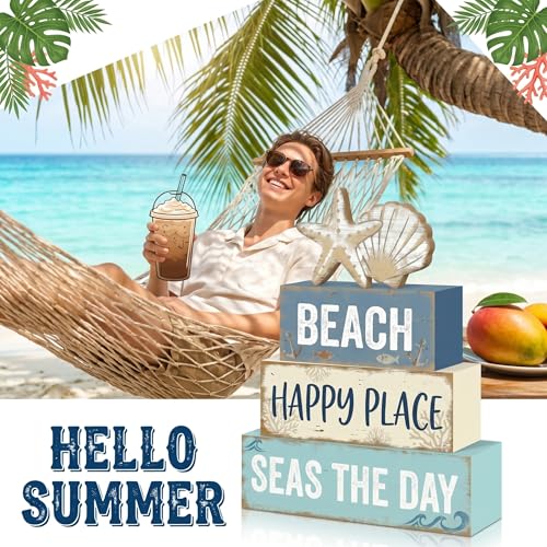 Britimes Tiered Tray Decor Set, 4 Pack, Wooden Table Signs, Coastal Beach - style: Coastal Beach