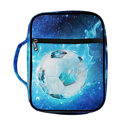 Coldinair Blue Starry Soccer Print Bible Cover for Men Teens Kids Boys,Galaxy Soccer Carrying Book Case Church Bag Bible Bag with Handle and Zippered Pockets - color: Blue Starry Soccer