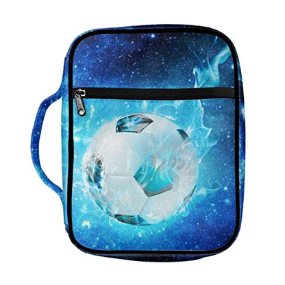 Coldinair Blue Starry Soccer Print Bible Cover for Men Teens Kids Boys,Galaxy Soccer Carrying Book Case Church Bag Bible Bag with Handle and Zippered Pockets - color: Blue Starry Soccer