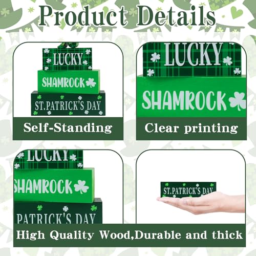 4 Pcs St.Patrick's Day Table Signs Lucky Shamrocks Table Centerpieces Wooden Shamrock Block Signs St Patricks Day Decorations Irish Tiered Tray Decor for Home Office Desk Kitchen Shelf - style: St Patricks