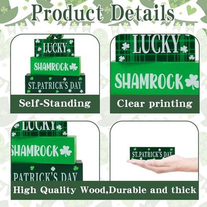 4 Pcs St.Patrick's Day Table Signs Lucky Shamrocks Table Centerpieces Wooden Shamrock Block Signs St Patricks Day Decorations Irish Tiered Tray Decor for Home Office Desk Kitchen Shelf - style: St Patricks