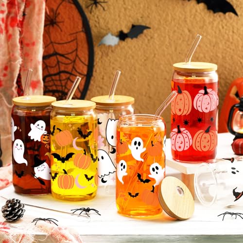 SiliFine 6 Pcs Halloween Glass Cups, 16 oz with Lids and Straws - style: Pumpkin