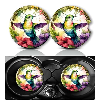 2Pcs Hummingbird Car Coasters,2.75" Neoprene Rubber Cars Cup Holder Coaster - color: Hummingbird