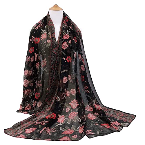 GERINLY Lightweight Scarves Fashion Print Cotton Feel Scarf for Women Shawl - color: Blackred