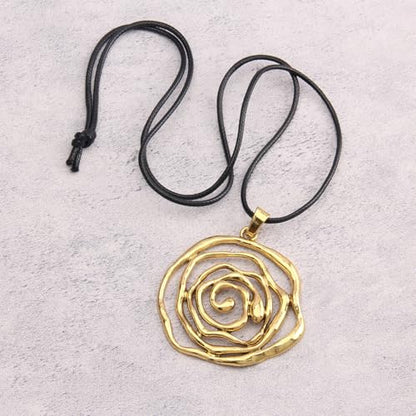 Leather Necklace for Women Long Boho Pendant Hippie Choker Necklace Bohemian Layered Leather Rope Wooden Jewelry Gifts - style: Rose Pendant Necklace