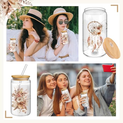 Mumufy 4 Pack Earthy Botanical Glass Cup, 16 oz Tumbler Mug with Bamboo Lid - style: Earthy Botanical