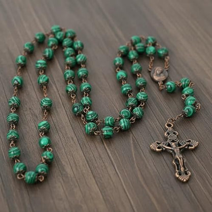 Nazareth Store Natural Stone Beads 8mm Rosary Necklace Antique Copper Design Holy Soil Medal & Cross in Velvet Bag - Catholic Rosaries Terra Santa Jerusalem Collection - color: Malachite