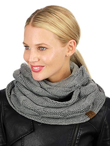 C.C Women's Winter Cable Knit Sherpa Lined Warm Infinity Pullover Scarf - color: Light Melange Grey