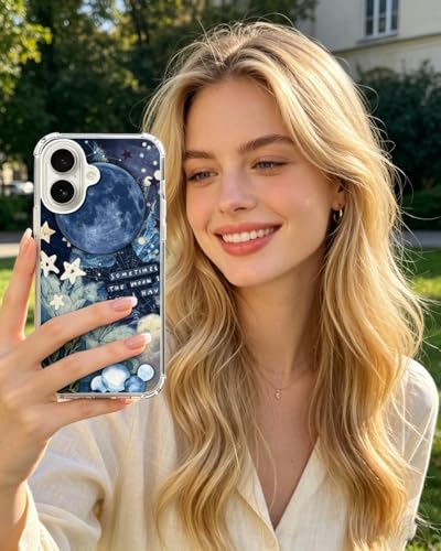 Blue Moon Sky Stars Aesthetic Phone Case Compatible with iPhone 17, Celestial Flowers Phone Cover for iPhone 17 - color: Blue Moon Sky