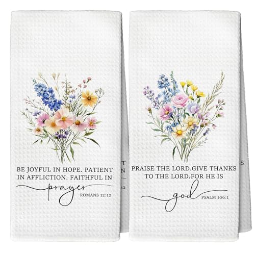 Christian Floral Kitchen Towels, Bible Verse Wildflower Decorative Tea and Dish Towels, Christian Gifts for Women Faith, Religious Decor Hand Towel for Bathroom, 16x24 Inch Set of 2