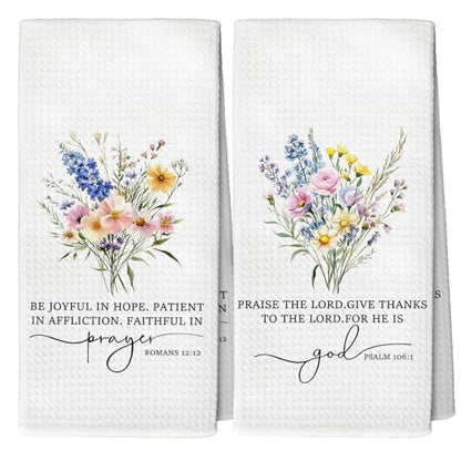 Christian Floral Kitchen Towels, Bible Verse Wildflower Decorative Tea and Dish Towels, Christian Gifts for Women Faith, Religious Decor Hand Towel for Bathroom, 16x24 Inch Set of 2