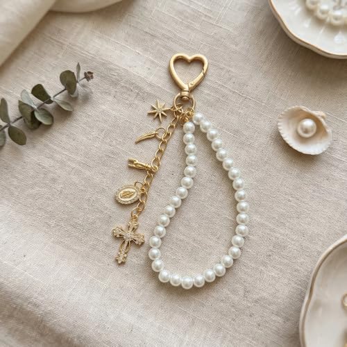 Cute Bag Charms Keychain - Pearl Keyring Wristlet Birthday Gifts - color: Gold Cross