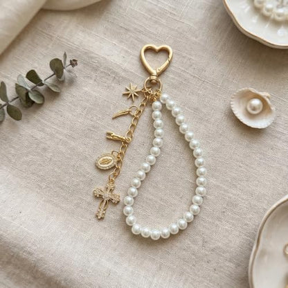 Cute Bag Charms Keychain - Pearl Keyring Wristlet Birthday Gifts - color: Gold Cross