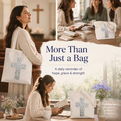 Christian Tote Bag Gift for Women, Canvas Bible Bag Handmade Floral Cross - color: White-blue Sprig