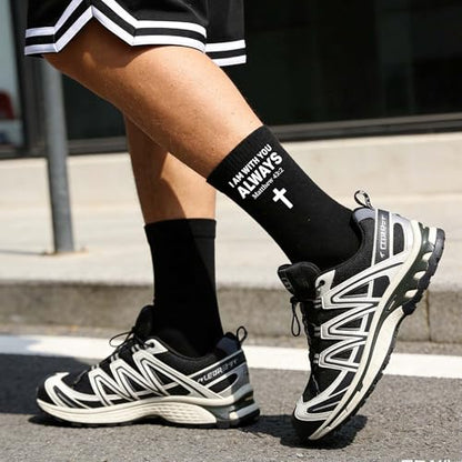 Christian Bible Verse Black Crew Socks, Religious Quote Socks, Faith Inspirational Christian Gift for Men Women。 - color: Black Religious 5