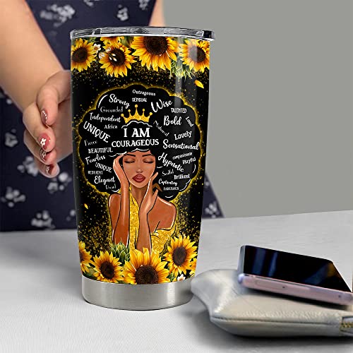 Personalized Black Queen Tumbler Sunflower Custom Name 20oz 30oz Tumblers with Lid Gift for African American Afro Black Girl Encouragement Birthday Women Day - color: Black Woman 2