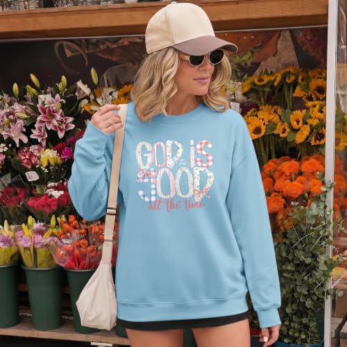 Christian God Is Good Sweatshirts for Women Jesus Bow Bible Verse Sweatshirt Faith Religious Graphic Hoodies - color: Sky Blue, size: XX-Large