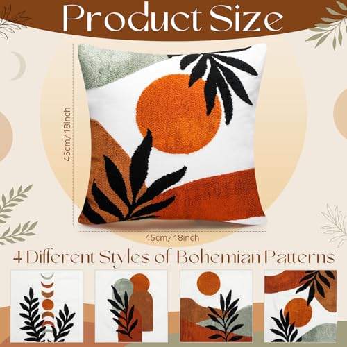 Mixweer 4 Pcs Boho Pillow Covers Set, 18 x 18 Inch Embroidered Pillow Cases, Sunset Leaf Mountain Boho Style Square Throw Cushion Cover for Couch Sofa Bed Bohemian Home Decor - style: Bohemian