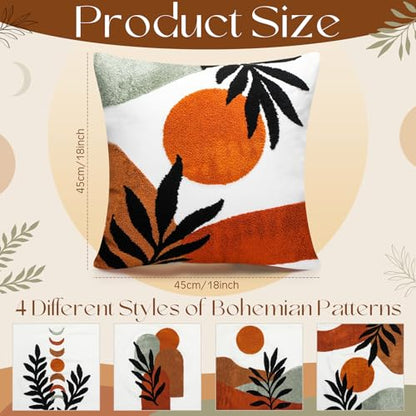 Mixweer 4 Pcs Boho Pillow Covers Set, 18 x 18 Inch Embroidered Pillow Cases, Sunset Leaf Mountain Boho Style Square Throw Cushion Cover for Couch Sofa Bed Bohemian Home Decor - style: Bohemian