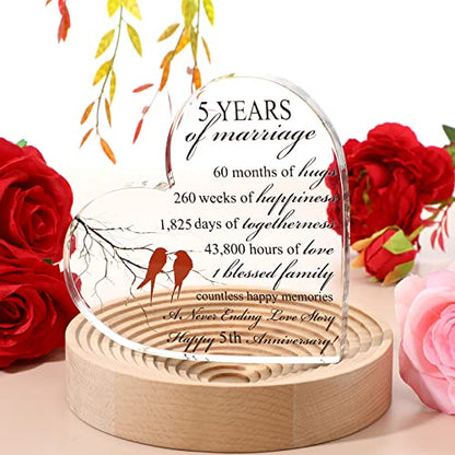 Qunclay 5th Marriage Gift for Parents Couple 5 Years Wedding Anniversary Souvenir Heart Marriage Keepsake Wedding Anniversarys Decorations for Women Men Mom Husband Wife He She Friend Grandparents - style: 5th