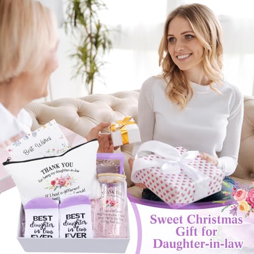 Pickmesh 7 Pack Daughter-in-law Gift for Birthday, Thank You Gift for Best Daughter in Law Ever, Canvas Tote Bag, Makeup Bag, 16 oz Glass Cup, Socks, Greeting Card Natural Stone Bracelet with Box - style: Daughter in Law