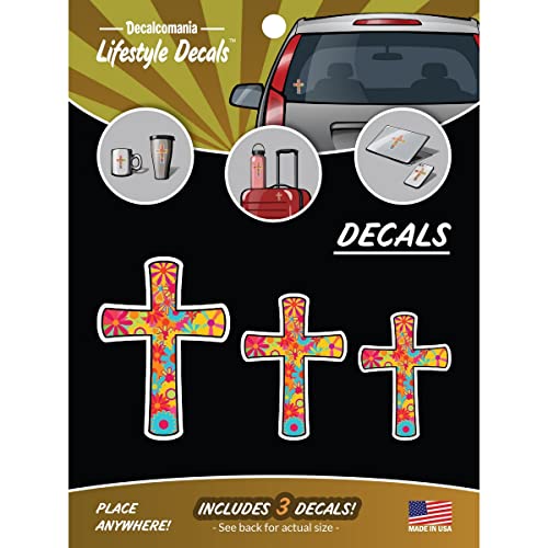 Decalcomania Retro Flower Cross Decals - Set of 3 Vinyl Stickers for Car or Truck Window- Colorful Religious Cross Sticker - style: Flower Cross