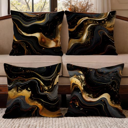 OBSEDE Black Gold Marble Decorative Throw Pillow Covers 18x18 in Set of 4 - color: Abstract Black Gold Marble, size: 18" x 18" (Pack of 4)