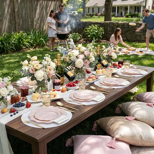 WDF 175Pcs Pink Plastic Plates - Pink and Gold Plates Disposable 25guest Plastic Dinnerware Ideal for Bridal Shower/Wedding/Baby Shower/Fall Party/Thanksgivng - color: Pink and Gold, size: 175 pieces