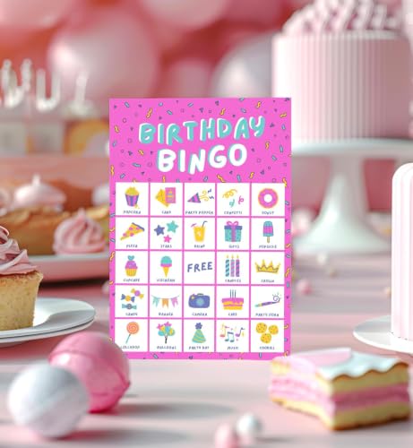 Markt Birthday Bingo Game for Kids Birthday Party Games, Kids Party Games Supplies - 23 Players - Pink - color: Birthday Bingo – Pink