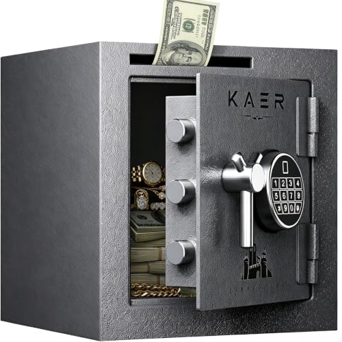 KAER Mini Drop Safe for Home & Business – 1.6 CuFt Compact Cash Box with Electronic Keypad & Biometric Fingerprint Lock, 44lbs Heavy Duty Steel Money Safe for Cash, Silent Alarm – Wall Mountable - color: Matte gray, size: 1.6 CuFt