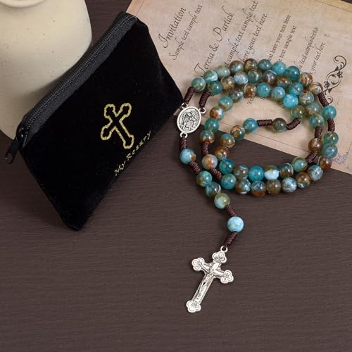 10mm Brown Beads Catholic Rosary Handmade Braided Rosaries with Curcifix Cross and Holy Mary Medal Amulet Rosary Beads Necklace for Women Men - color: Blue