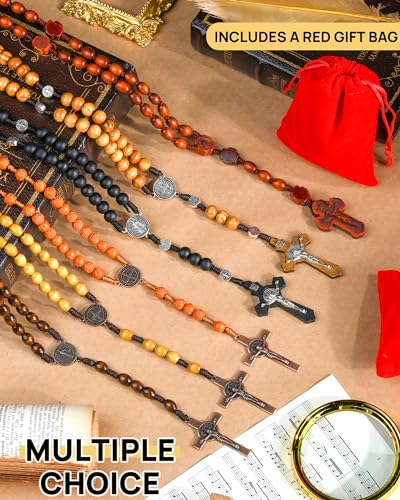 Wooden Rosary Beads, Rosarios Catolicos with Metal Cross for Men & Women - color: Pine Brown