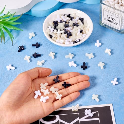 FASHEWELRY 100Pcs Black White Acrylic Cross Beads - Cute Mini Crucifix Loose Rosary Spacer for Easter, DIY Bracelet, Necklace, Jewelry Making, Earring - color: Cross-Black White