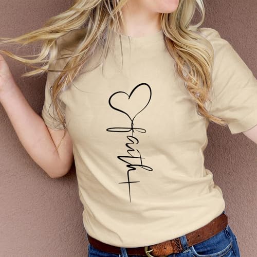 KIEKIECOO Faith Christian Shirts for Women Religious Crewneck Tshirts Cotton Graphic Tees Bible Verse Casual Summer Tops - color: Apricot, size: Small