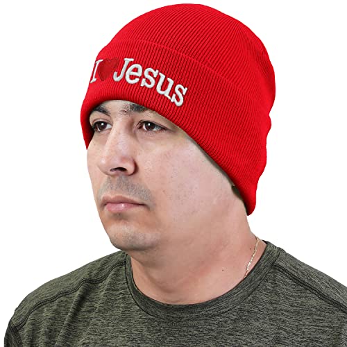 I Love Jesus Beanie Hat Ski Cap All Seasons Embroidered Solid Color - color: Red