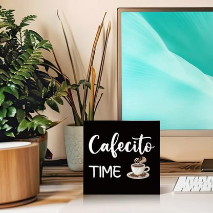 Cafecito Time Coffee Beans Wood Box Signs Gifts for Coffee Lover - color: Blue