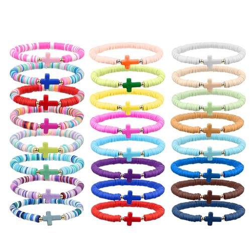 WOVTE 48 Pcs Jesus Bracelets Cross Christian Bracelet Pack, Handmade Elastic Colorful Polymer Clay Beaded Bracelets Inspirational Religious Reminder Jewelry for Woman