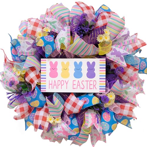 TEMPUS 22" Happy Easter Wreath for Front Door - Colorful Mesh Ribbon Door Hanger with Wooden Sign & Yellow Daisies - Vibrant Spring Porch Decor - color: Multicolor