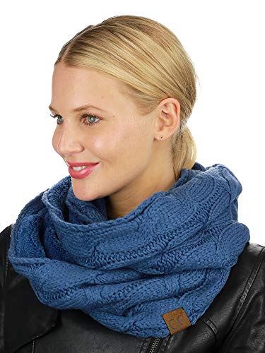 C.C Women's Winter Cable Knit Sherpa Lined Warm Infinity Pullover Scarf - color: Dark Denim