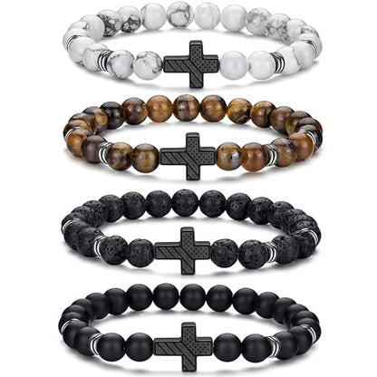 Tondiamo 4pcs Cross Bead Bracelet for Men 8mm Tigers Eye Lava Rock Onyx Black Obsidian American Flag Cross Bracelet Natural Stone Stretch Adjustable Black Wrist Beads for Men Women Gifts