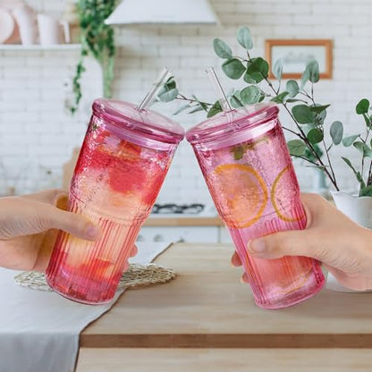 Joeyan 22 oz Pink Glass Tumbler with Straw and Lid,Ribbed Glasses Cups - color: Pink colored glass tumbler